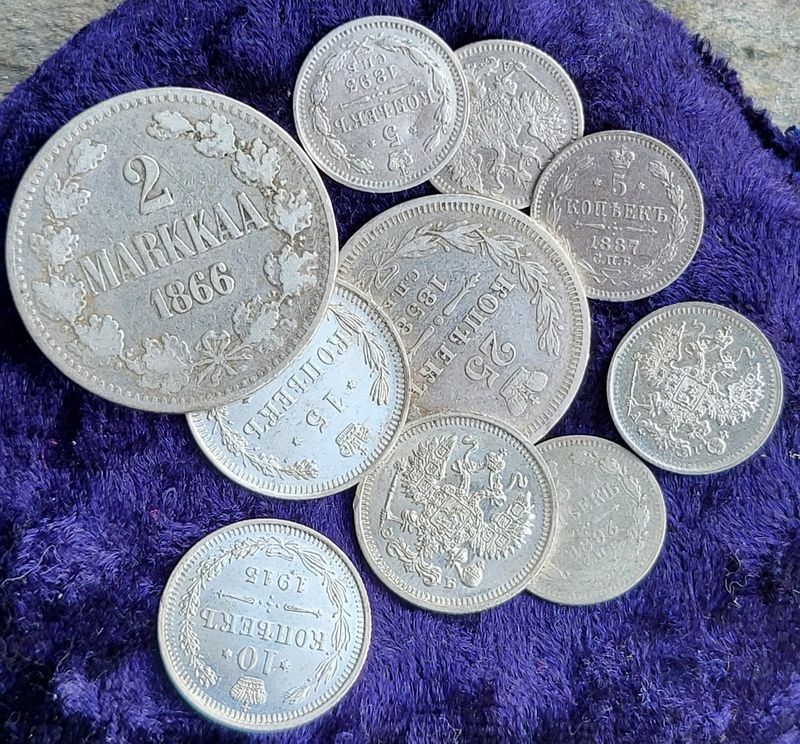 Finland og russland, 10 x sølvmynter 1858-1915