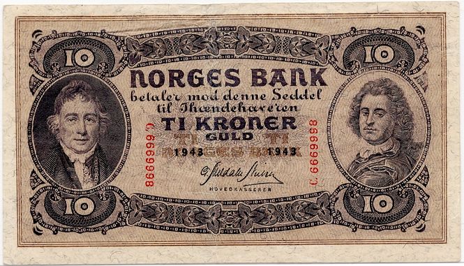 Hovedbilde 10 kroner 1943 C, kv. 1, smuss