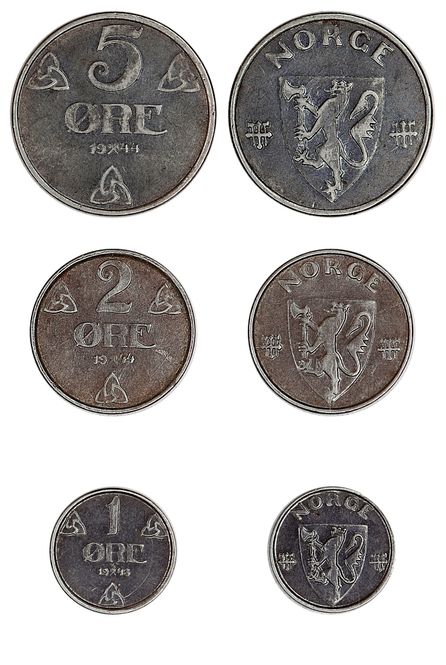 Hovedbilde Krigsmyntene, 5-, 2- og 1 øre 1941-1945