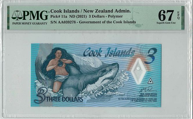 Hovedbilde Cook Islands, 3 dollars 2021, PMG MS67 EPQ