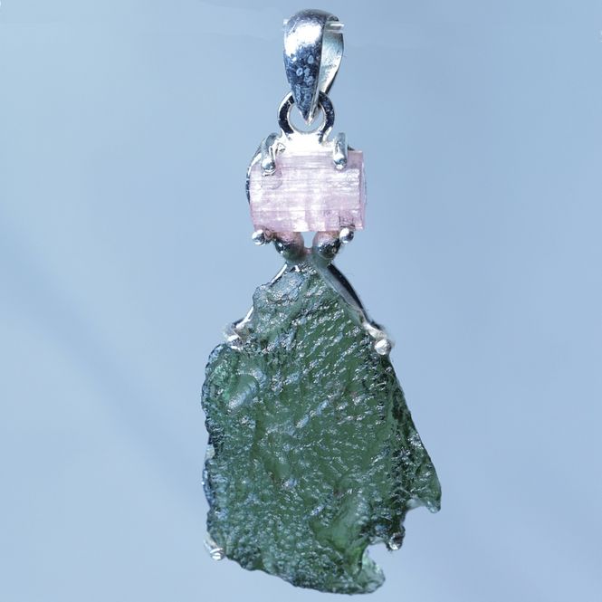 Hovedbilde Moldavitt-anheng med rosa turmalin (sterling sølv/925 Ag)