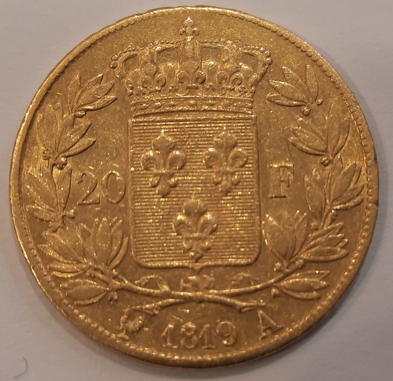 Frankrike 20 francs 1819 A, 5,76 gram rent gull