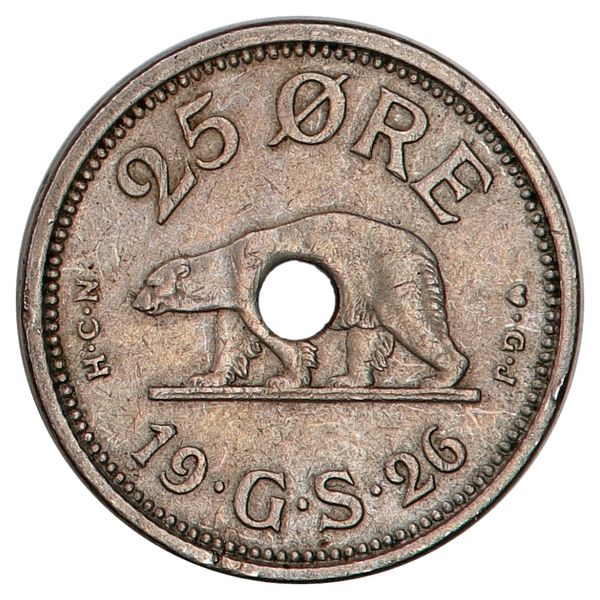Hovedbilde Grønland, 25 øre 1926, hull, kv. 1/1+