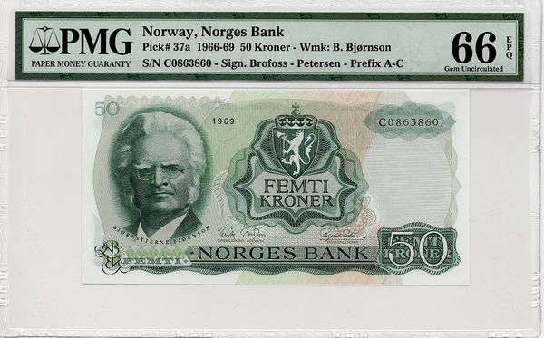 Hovedbilde 50 kroner 1969 C, PMG 66EPQ, top pop!