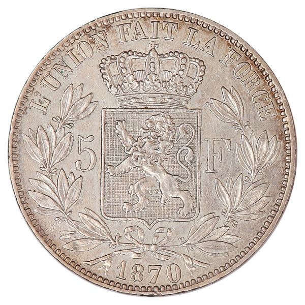 Hovedbilde Belgia, 5 francs 1870, Leopold II