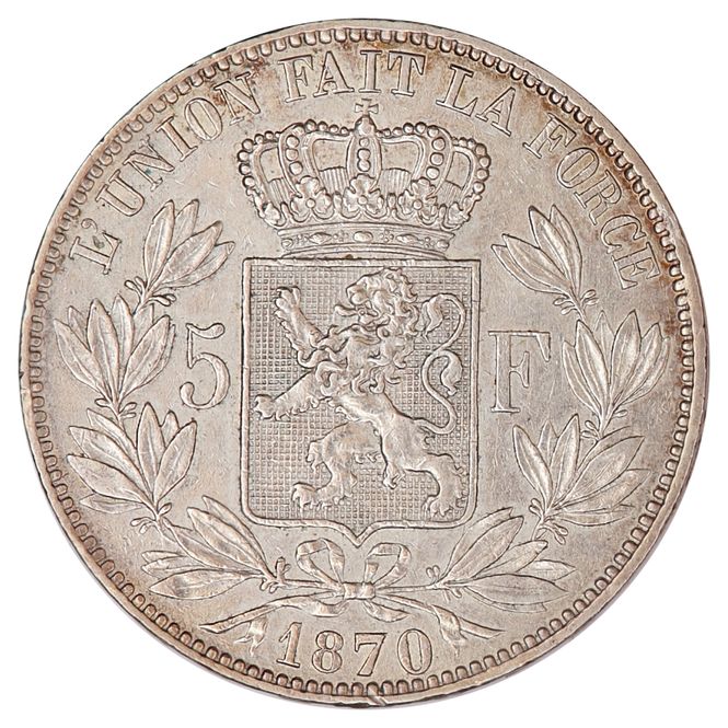 Hovedbilde Belgia, 5 francs 1870, Leopold II